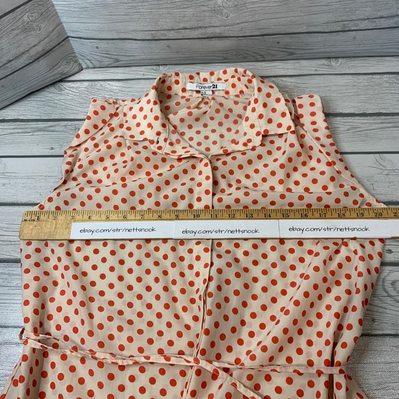 Forever 21 Women's Shirt Size M Cream & Pink Polka Dots Button Down Blouse Belt - Picture 3 of 10